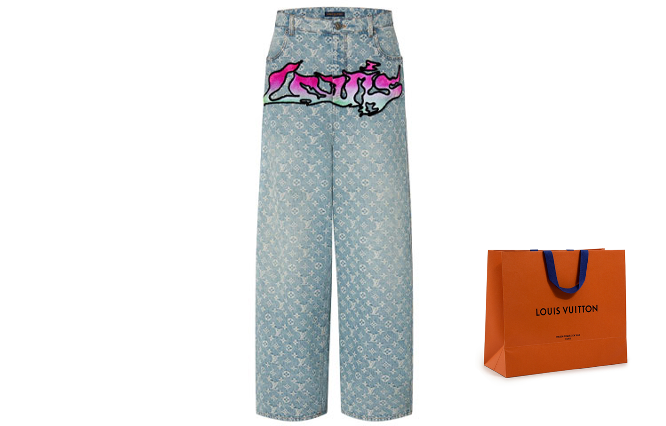 Cheap 루이비통 SS22 로고 프린트 그래피티 데님 진 블루 1A9T0M