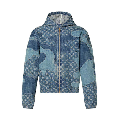 LOUIS VUITTON SS22 Monogram Denim Jacket Blue Distressed Patchwork Design 1A9K6B