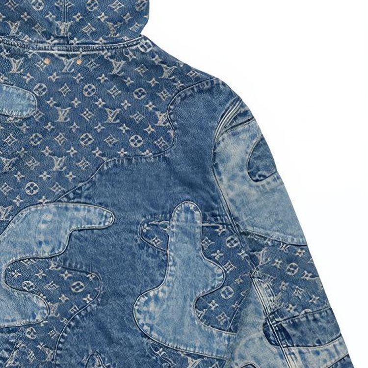Cheap LOUIS VUITTON Jaket Denim Monogram SS22 Biru Desain Patchwork Distressed 1A9K6B