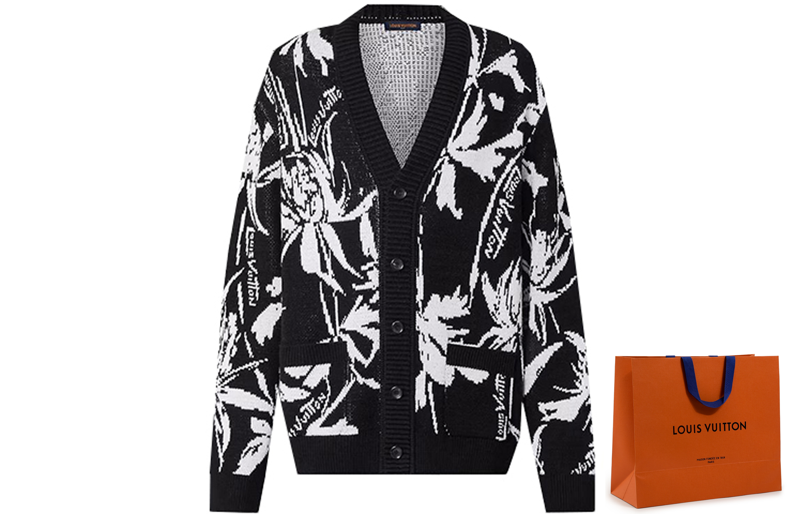 LOUIS VUITTON SS23  Black Floral Jacquard Knit Long Sleeve Sweater 1AB91G 圖 9