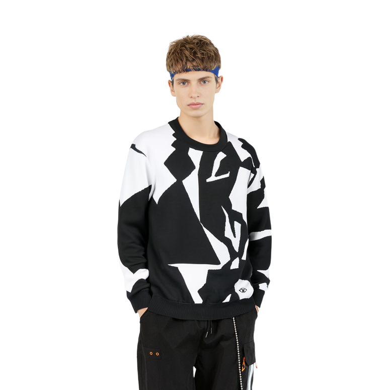Lookbook LOUIS VUITTON SS23  Black White Logo Abstract Pattern Crewneck Sweater. 1AAU2Y
