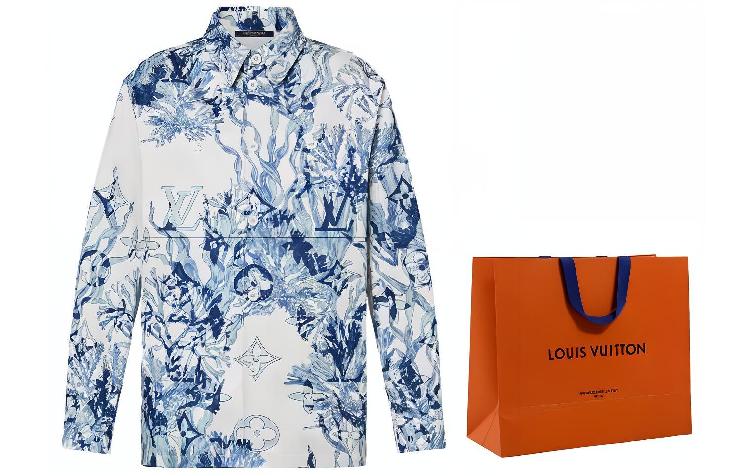 Cheap ルイヴィトン SS23 ブルーアルファベットプリント 長袖 ボタンアップシャツ. 1ABNSQ