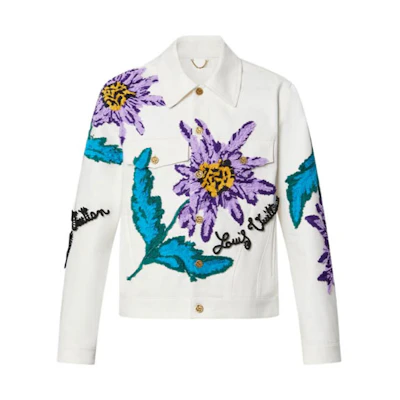 LOUIS VUITTON SS23 White Denim Jacket with Logo and Embroidered Design 1AB516