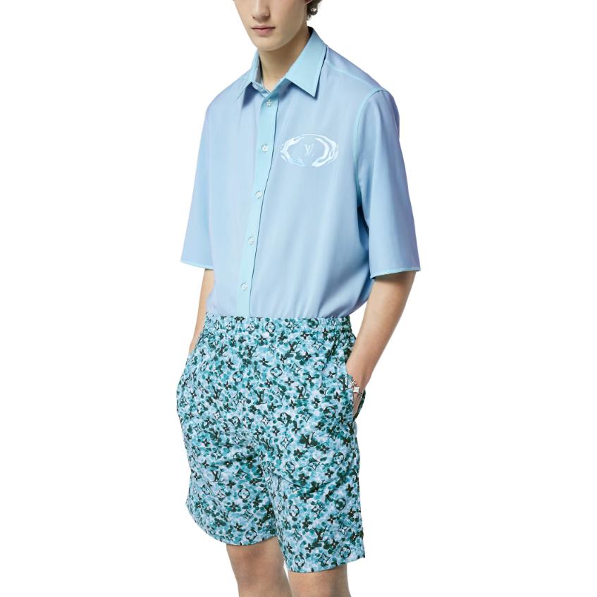 Shop LOUIS VUITTON SS23 Celana Pendek Pria Biru Monogram Pinggang Elastis. 1ABJKY