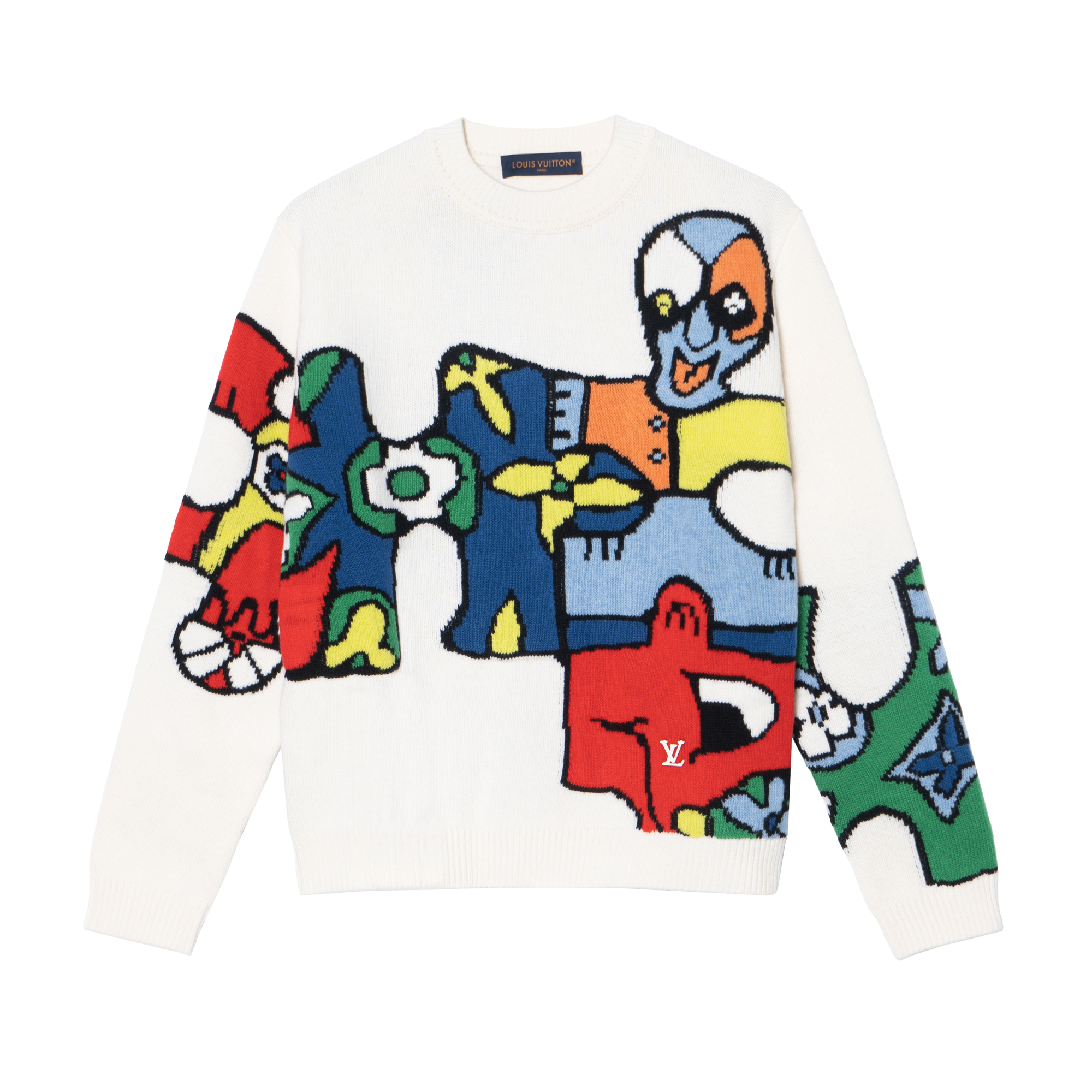LOUIS VUITTON SS23 Cartoon Pattern Jacquard Crewneck Knit Sweater White 1AB4QA