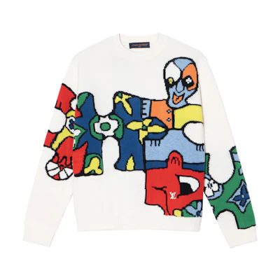 LOUIS VUITTON SS23 Cartoon Pattern Jacquard Crewneck Knit Sweater White 1AB4QA