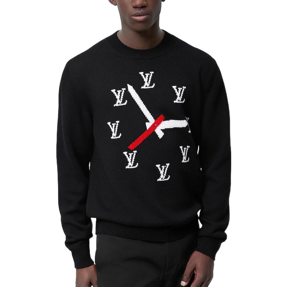 Purchase LOUIS VUITTON SS23 Sweater Rajut Pola Jam Pria Warna Hitam 1AA4HL
