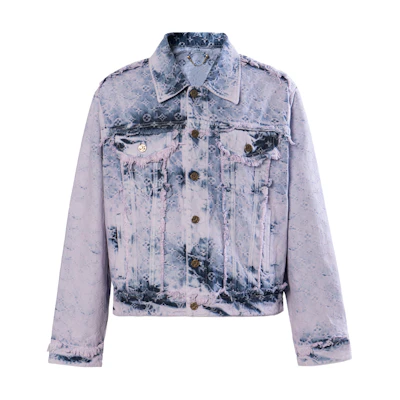 LOUIS VUITTON SS23 Distressed Logo Jacquard Fringe Denim Jacket Purple Men. 1AB4TB