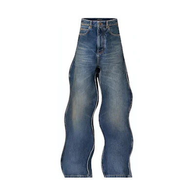 LOUIS VUITTON SS23 Distressed Wave Washed Blue Denim Jeans for Men. 1AB4SK