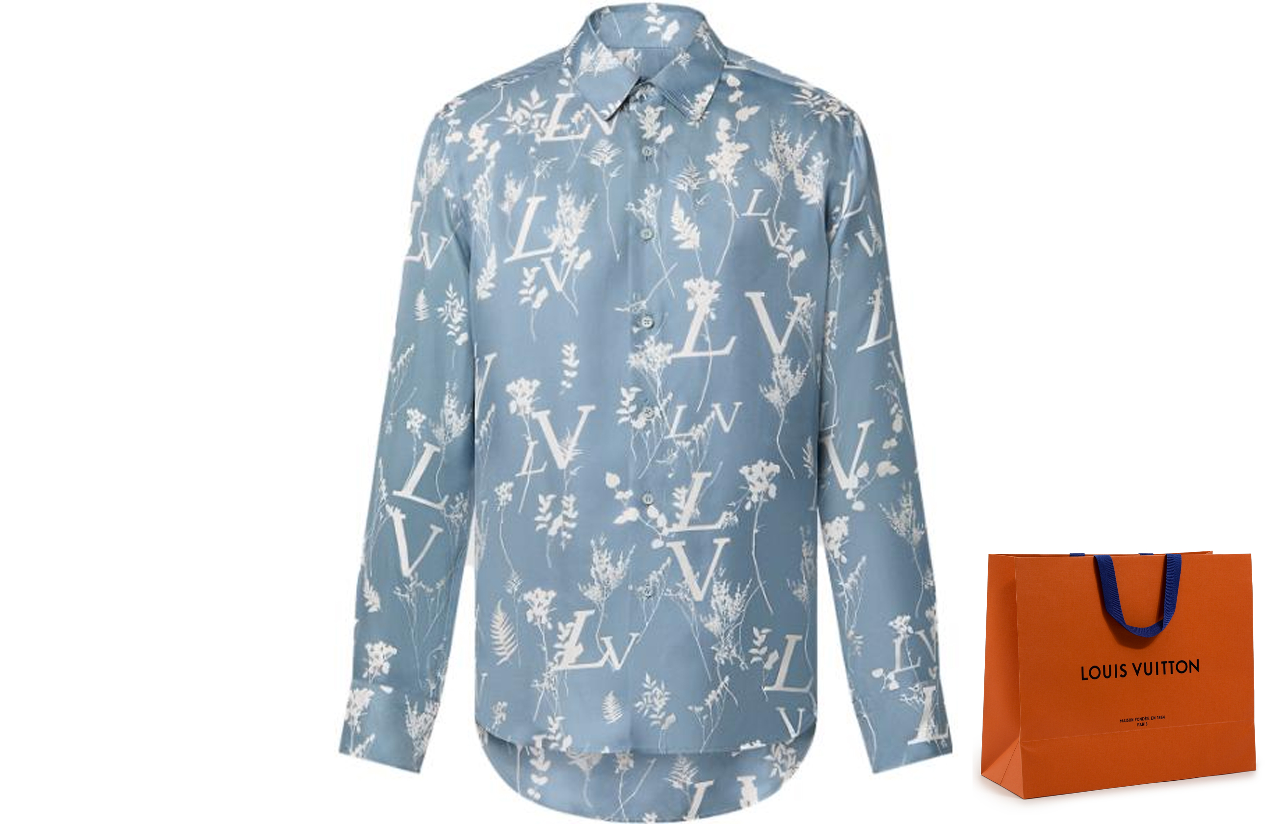 Sizing LOUIS VUITTON SS23 Floral Logo Print Long Sleeve Shirt Blue 1AA4IG