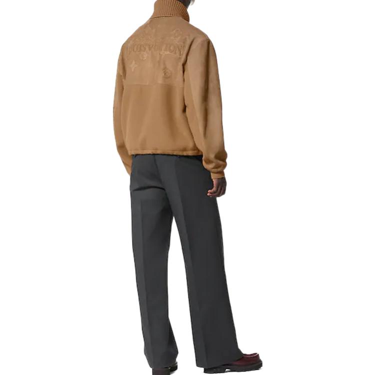 Shop LOUIS VUITTON SS23 Mixed Leather Zip-Up Stand Collar Jacket Men Light Brown 1AAUXG