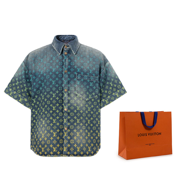 Cheap 루이 비통 SS23 모노그램 데님 반팔 셔츠 블루 패션. 1AB91X