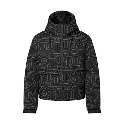 LOUIS VUITTON SS23 Monogram Embroidered Hooded Puffer Jacket Black 1AAUU0