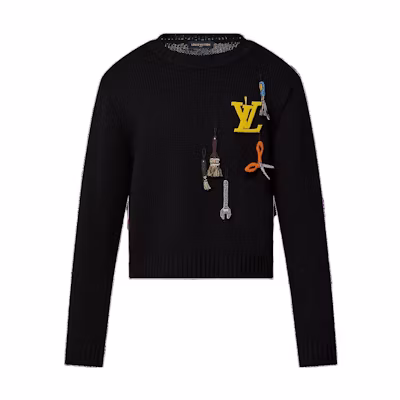 LOUIS VUITTON SS23 Monogram Logo Embroidered Black Long Sleeve Sweater Men 1AB91N