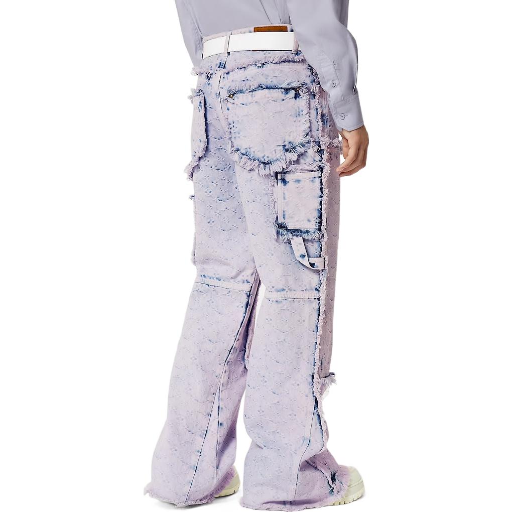 Details for LOUIS VUITTON SS23 Purple Wide-Leg Fringe Cargo Jeans for Men. 1AB4SB