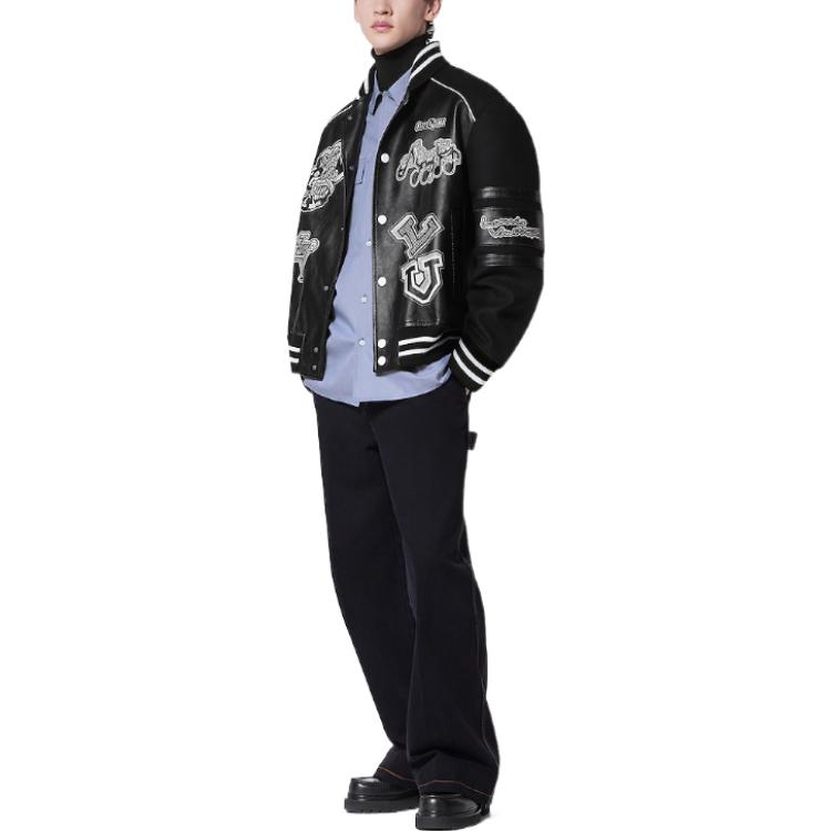 Lookbook 路易威登 SS23 条纹字母徽标补丁棒球夹克 黑色 男装 1AAUYZ