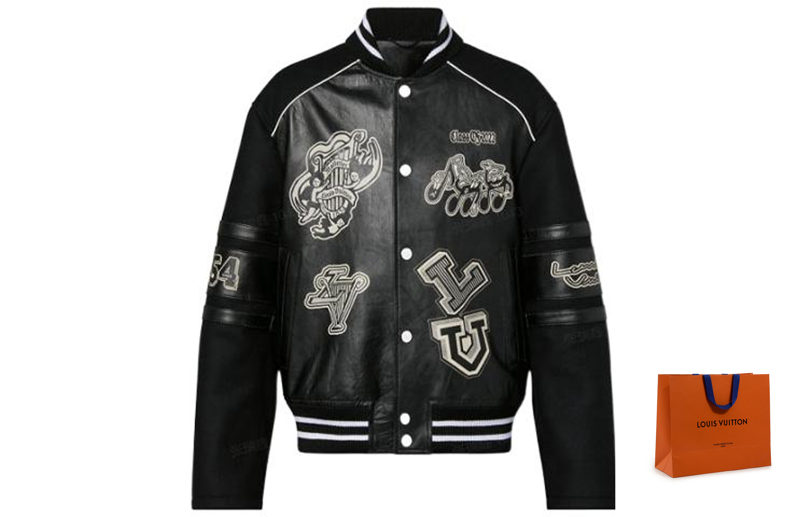 Cheap 路易威登 SS23 条纹字母徽标补丁棒球夹克 黑色 男装 1AAUYZ