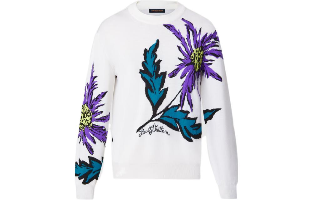 LOUIS VUITTON SS23 White Thistle Pattern Crewneck Knit Sweater . 1AB4Y6
