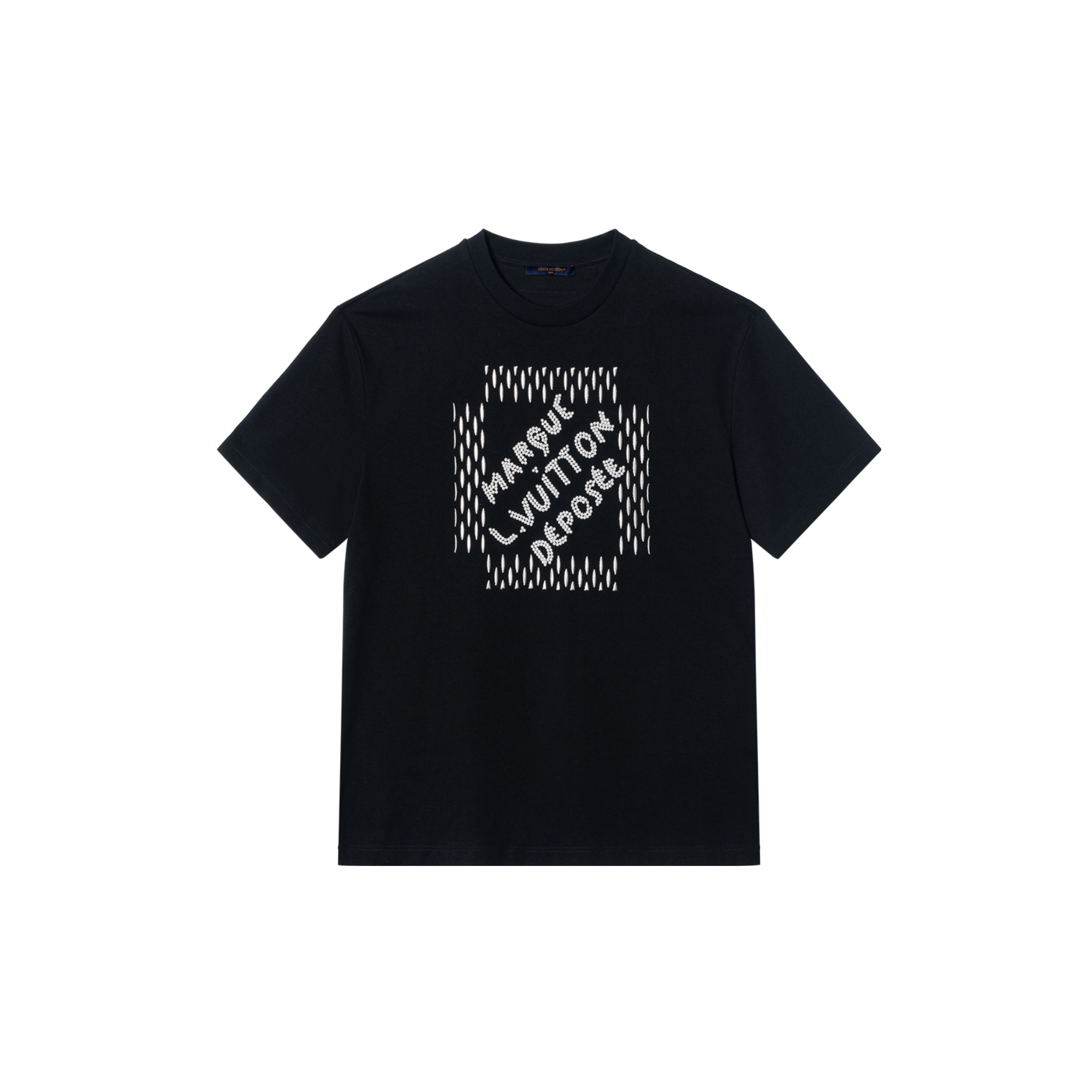 Order LOUIS VUITTON SS24 Kaos Hitam Bordir Mutiara Letter Crewneck 1AFJFI