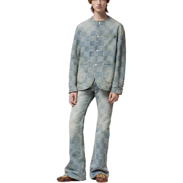 Lookbook LOUIS VUITTON SS24  Blue Checkered Zip Flared Casual Jeans 1AFI19