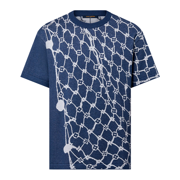LOUIS VUITTON SS24  Ribbed Crewneck T-Shirt Navy Blue Mesh Print. 1AFQQR