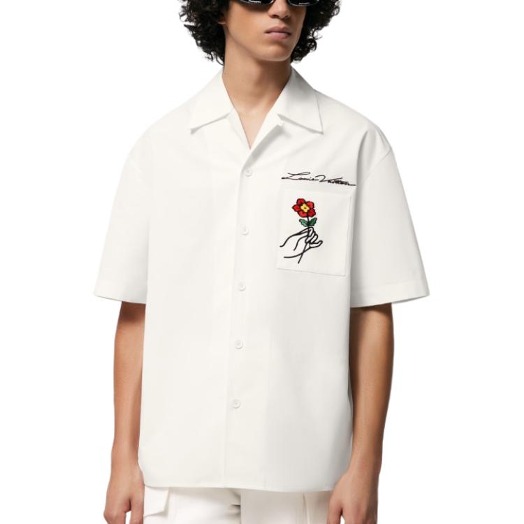 Shop LOUIS VUITTON SS24 Kemeja Kasual Lengan Pendek Putih Sulaman Bunga. 1AFJDJ