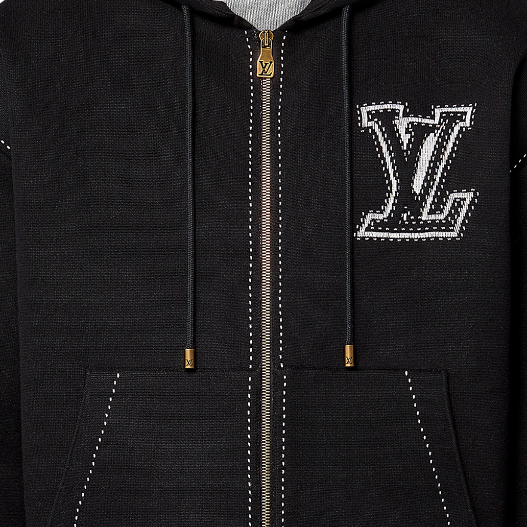 Cheap LOUIS VUITTON SS24 Jaket Hoodie Hitam Zip-Up dengan Logo Jacquard 1AFXKV