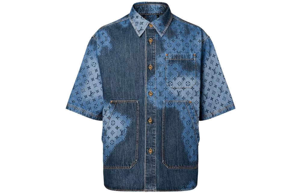 LOUIS VUITTON SS24 Blue Monogram Logo Short Sleeve Denim Shirt for Men. 1AFAVH
