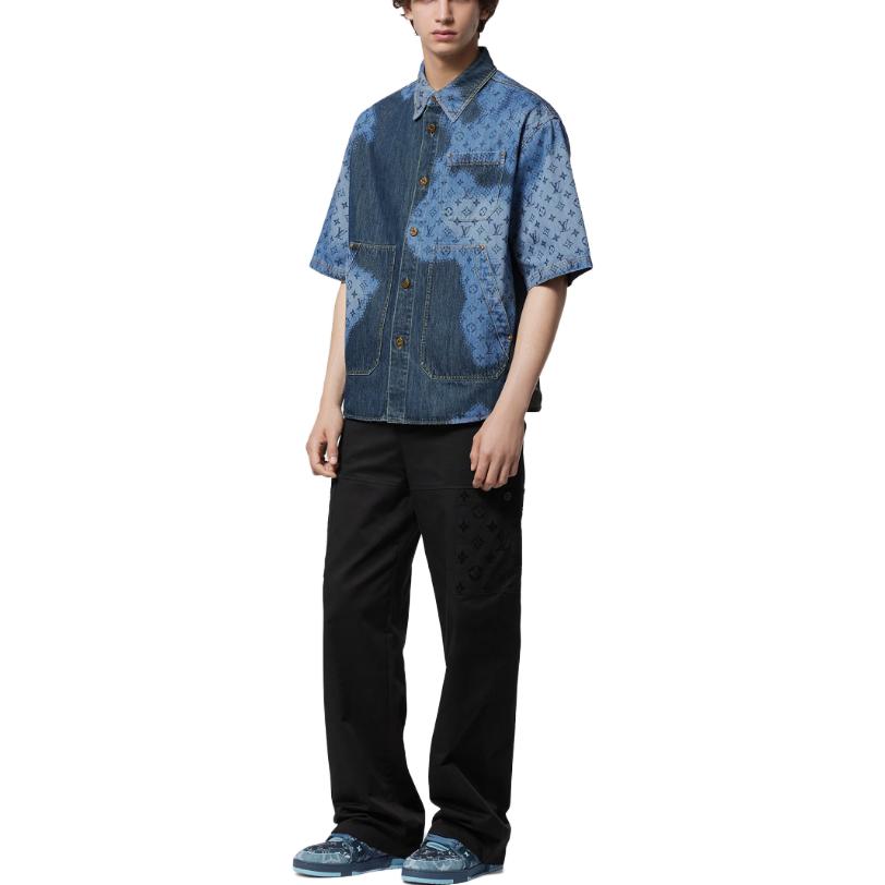 Details for ルイヴィトン SS24 ブルー モノグラム ロゴ メンズ デニム半袖シャツ 1AFAVH