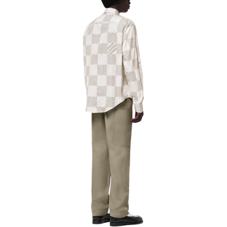 Shop 루이비통 SS24 체크 로고 프린트 스퀘어넥 긴팔 셔츠 그레이 남성 1AFJDD