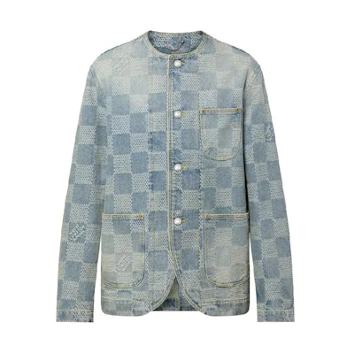 LOUIS VUITTON SS24 Checkered Print Denim Jacket Blue Long Sleeve 1AFHU5