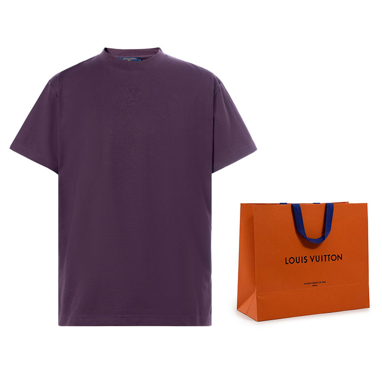 Lookbook 루이비통 SS24 엠보싱 로고 퍼플 반팔 티셔츠 남성용 1AF682
