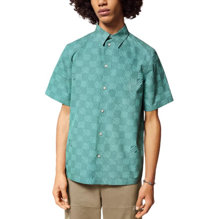 Purchase 루이 비통 SS24 남성용 그린 체크 반소매 버튼업 셔츠 1AFQXX