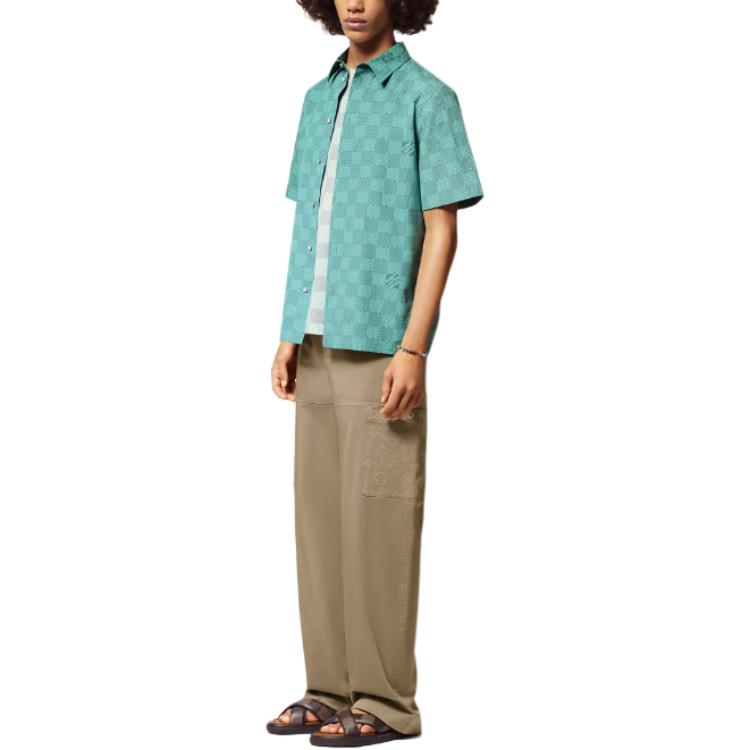 Sizing 루이 비통 SS24 남성용 그린 체크 반소매 버튼업 셔츠 1AFQXX