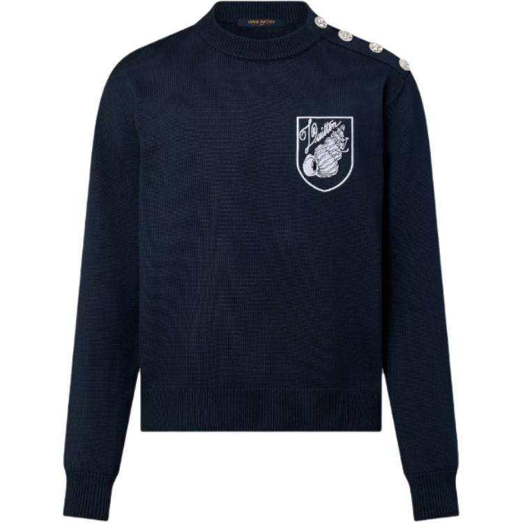 LOUIS VUITTON SS24 Logo Embroidered Crewneck Knit Long Sleeve Navy  Sweater 1AFQQ3