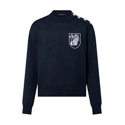 LOUIS VUITTON SS24 Logo Embroidered Crewneck Knit Long Sleeve Navy Sweater 1AFQQ3