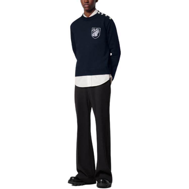 Shop 路易威登 SS24 Logo 刺繡海軍藍長袖針織圓領毛衣 1AFQQ3