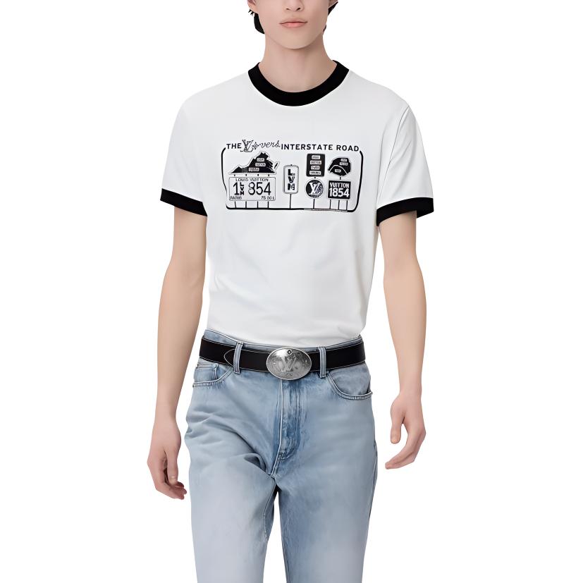 Lookbook ルイヴィトン SS24 ロゴプリント メンズカジュアルクルーネック白Tシャツ 1AFXO1