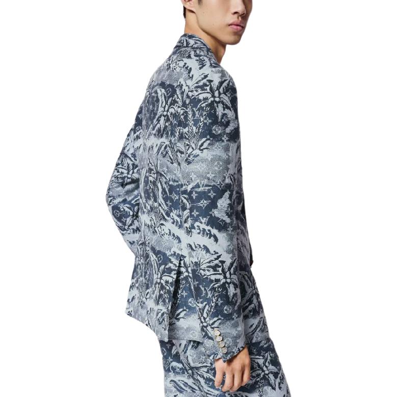 Shop LOUIS VUITTON SS24 Jaket Biru Monogram Cetak Double-Breasted 1AFQI7
