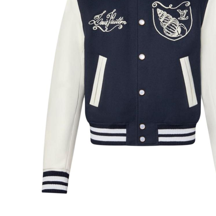 Shop LOUIS VUITTON SS24 男士海軍藍航海風刺繡棒球外套 1AFQMN