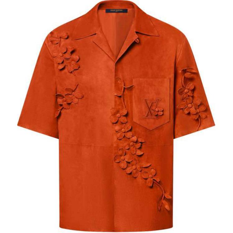 LOUIS VUITTON SS24 Orange Floral 3D Embellished Leather Short Sleeve Shirt Men 1AFQN5