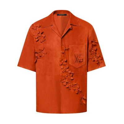 LOUIS VUITTON SS24 Orange Floral 3D Embellished Leather Short Sleeve Shirt Men 1AFQN5