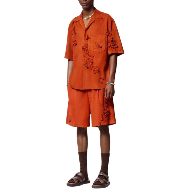 Shop ルイ・ヴィトン SS24 オレンジ フローラル 3D装飾 レザー 半袖シャツ メンズ 1AFQN5
