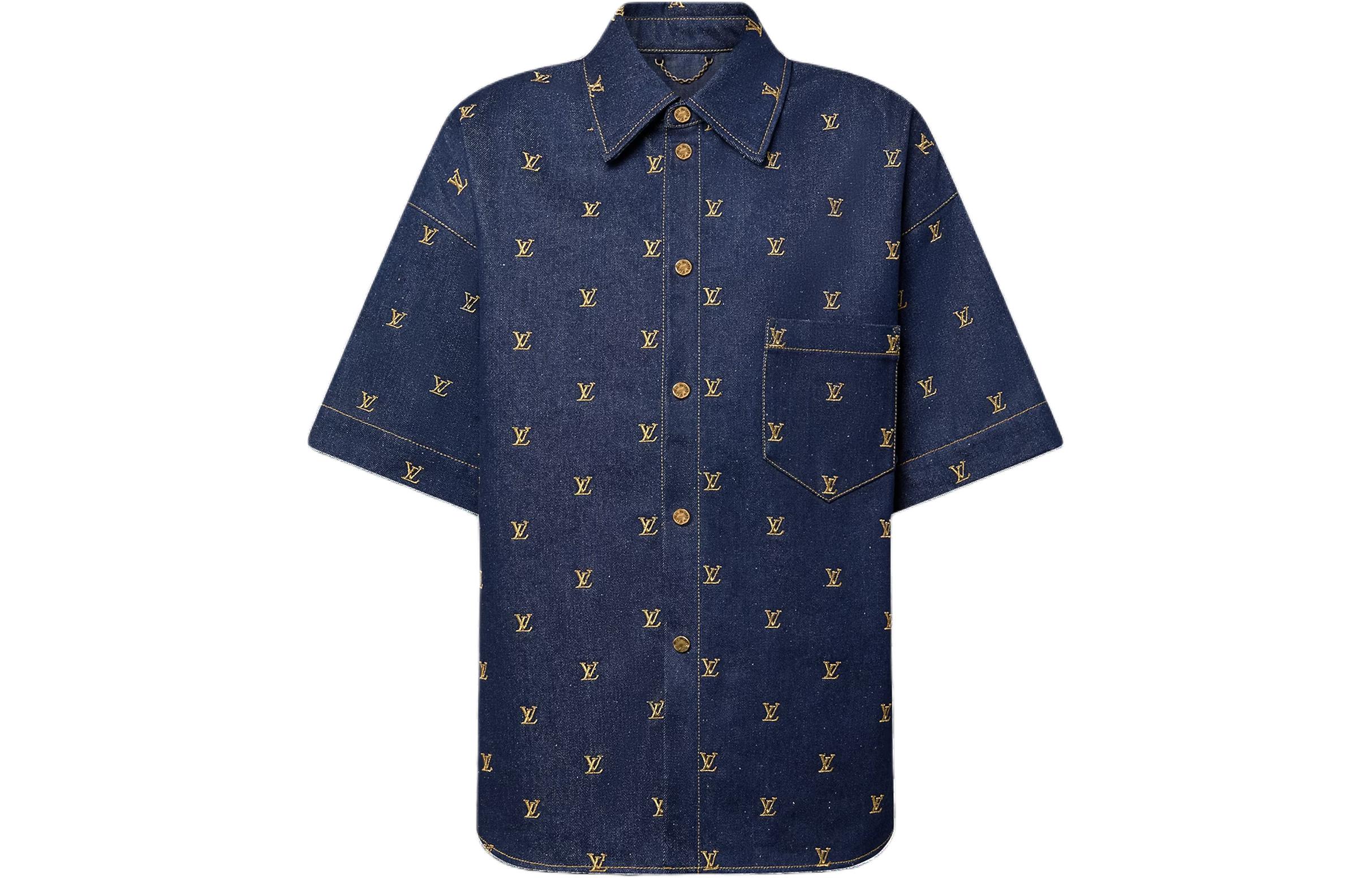 LOUIS VUITTON SS24 Pharrell Collab Logo Embroidered Denim Short Sleeve Shirt Blue 1AFJDU