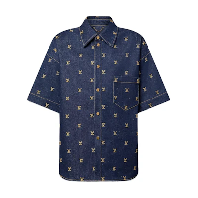 LOUIS VUITTON SS24 Pharrell Collab Logo Embroidered Denim Short Sleeve Shirt Blue 1AFJDU