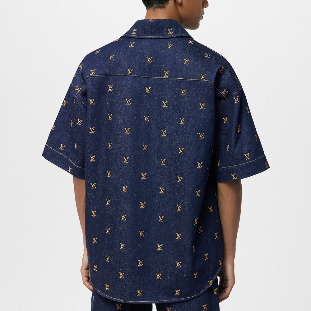 LOUIS VUITTON SS24 Pharrell Collab Logo Embroidered Denim Short Sleeve Shirt Blue 1AFJDU 圖 4