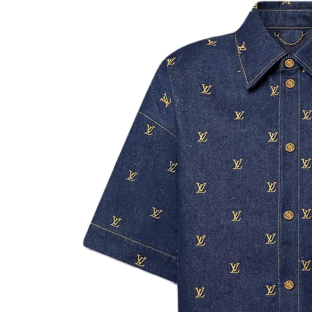 LOUIS VUITTON SS24 Pharrell Collab Logo Embroidered Denim Short Sleeve Shirt Blue 1AFJDU 圖 5