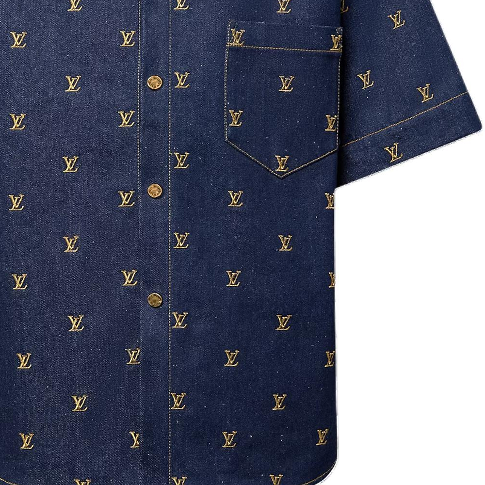 LOUIS VUITTON SS24 Pharrell Collab Logo Embroidered Denim Short Sleeve Shirt Blue 1AFJDU 圖 7