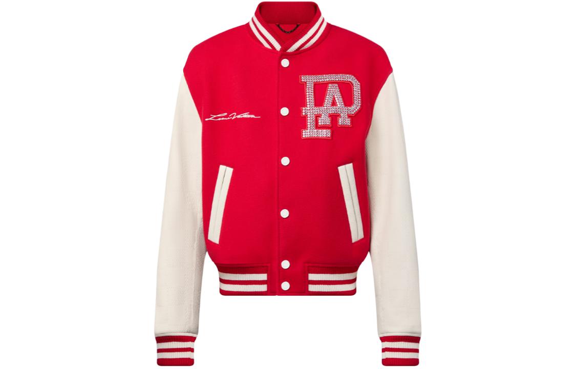 LOUIS VUITTON SS24 Pharrell Collab Red Striped Logo Embroidered Varsity Jacket. 1AFIQ9