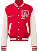 LOUIS VUITTON SS24 Pharrell Collab Red Striped Logo Embroidered Varsity Jacket. 1AFIQ9 LOUIS VUITTON SS24 Pharrell Collab Red Striped Logo Embroidered Varsity Jacket. 1AFIQ9
